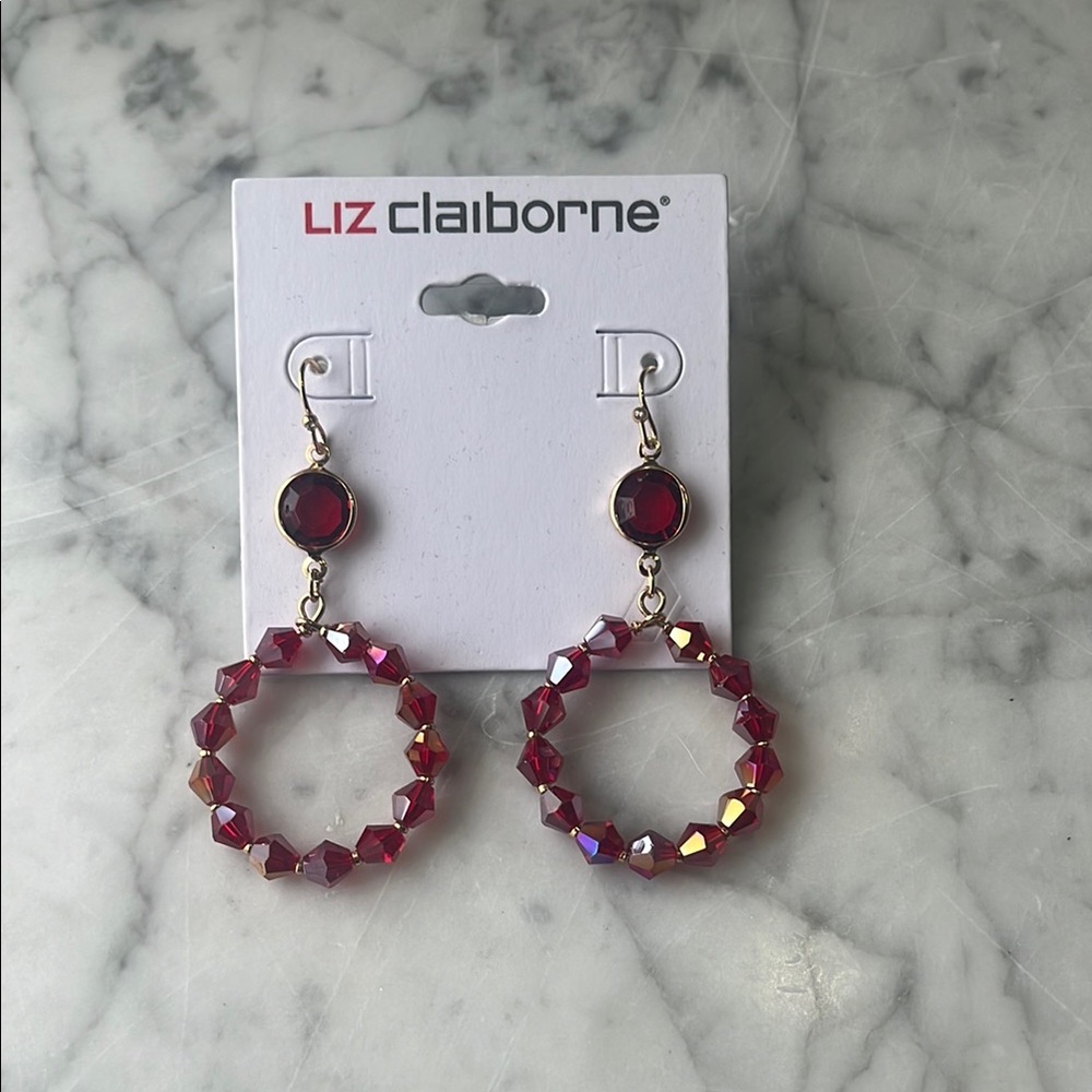 Liz Claiborne Red Hoop Earrings with Beaded Design